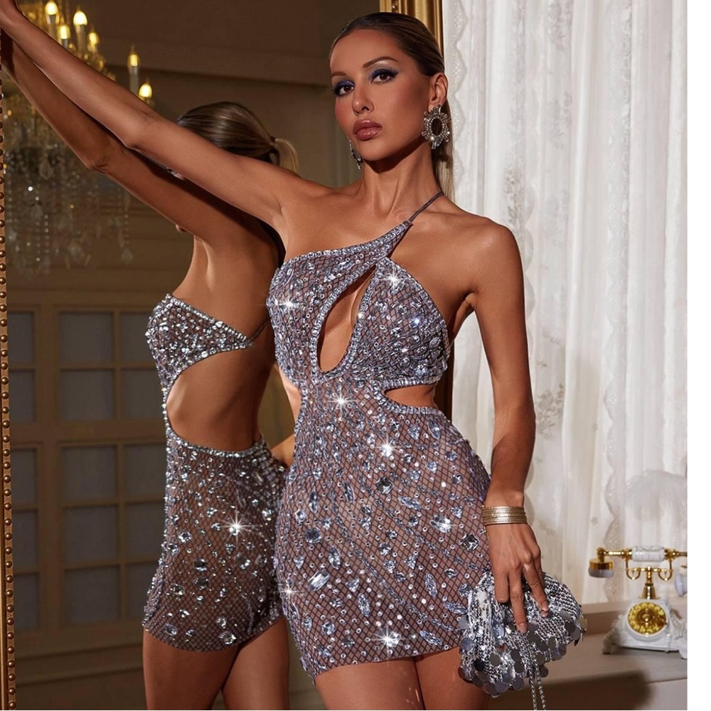 Backless Rhinestone Mesh Mini Dress - Picture 2 of 6